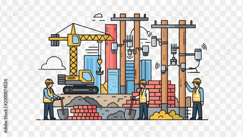 Smart City Infrastructure Construction: Line Art of Workers Building Foundation, Crane, and Installing 5G Wireless Network Technology on Utility Poles.