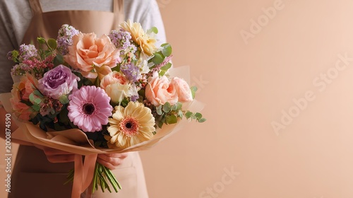 Cropped shot of female holding big beautiful gorgeous spring wedding bouquet of different fresh flowers in full bloom against white background with copy space for text. Floristry work concept