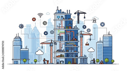 Smart Building Construction and Technology Integration Cross-Section Sketch. IoT, Architecture and Urban Development Concept.