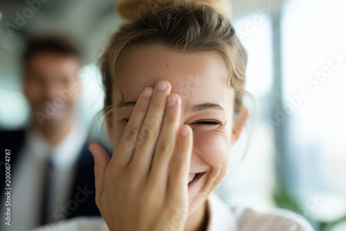 Woman smiling while covering one eye with hand in fun gesture, colleague visible beside her slightly blurred, bright office interior, natural window light