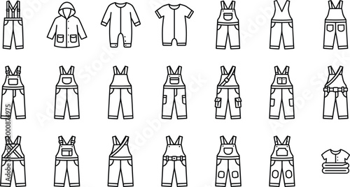 Workwear overalls and coveralls collection with protective clothing uniforms representing industrial labor safety gear and professional construction apparel set