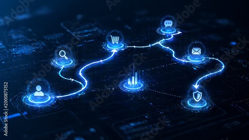 Digital network connection with glowing blue lines and icons on circuit board