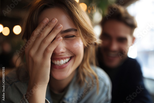Cheerful woman covering one eye with hand and smiling while friend laughs beside her, cozy cafe interior softly blurred, warm natural lighting arranged in professional aesthetic