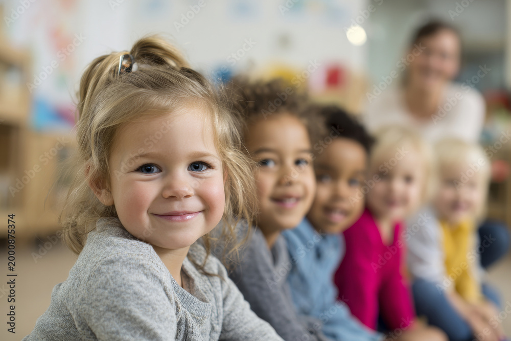 Obraz premium Smiling kindergarten children sitting close together during playtime, teacher visible in background softly blurred, bright modern preschool classroom isolated in elegant studio setup