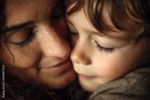 Portrait of mother and son hugging warmly