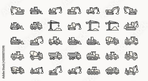 Construction Vehicles Icons Set Vector Heavy Machinery and Equipment Collection for Building Industry