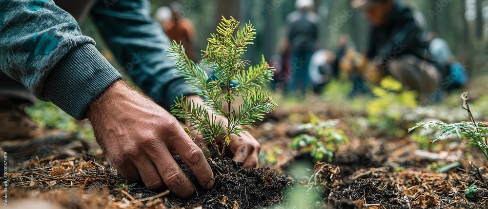 Naklejka premium Human hands planting green sprout plant into the ground