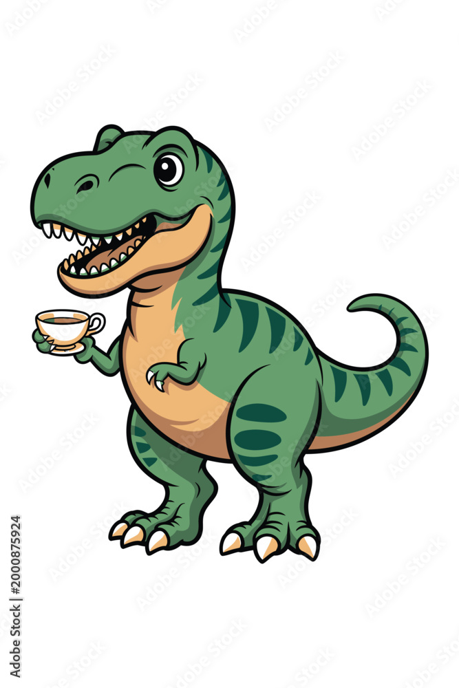 Fototapeta premium Cartoon dinosaur holding tea cup on transparent background high-quality professional detailed modern elegant stylish clean crisp vibrant colorful digital creative.