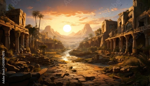 Ancient Ruins at Sunset with River.