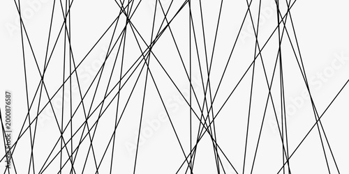 Black and white composition with chaotic angular diagonal elements. Contemporary asymmetric texture featuring irregular straight segments in minimalist monochrome style. Vector illustration.