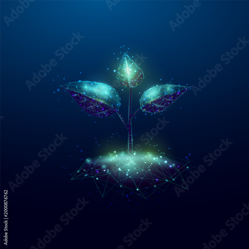 Digital plant with low-poly wireframe design. Futuristic green tree concept merging technology and nature in abstract 3D biotechnology visualization.