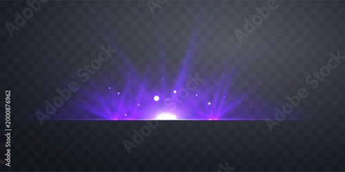 Glowing violet light beams with horizontal lens flare effect. Purple laser spotlight, sparks, speed streaks on dark background. Vector illustration. 