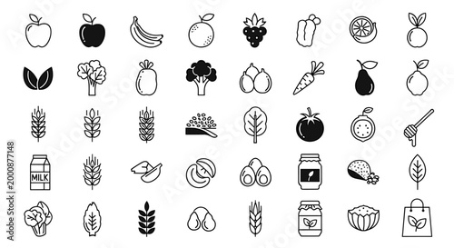 A collection of healthy food and drink icons fresh organic fruits vegetables grains and natural products healthy eating icons