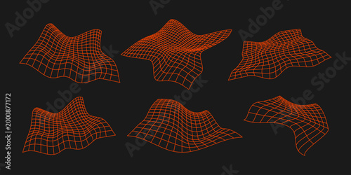 Neon grid with wireframe mesh, futuristic cyber background with glowing lines and abstract geometric shapes in retro style.. Vector illustration.