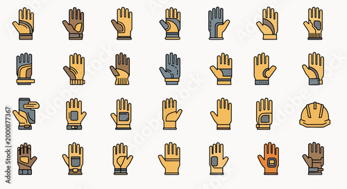 Collection of 29 diverse flat design icons representing various work and safety gloves, including construction and industrial styles