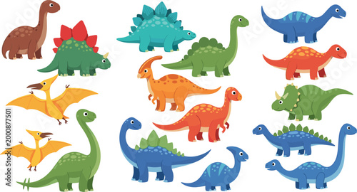 Cute Colorful Cartoon Dinosaur Collection Set with Pterodactyl Stegosaurus Parasaurolophus and Triceratops Characters for Kids Design