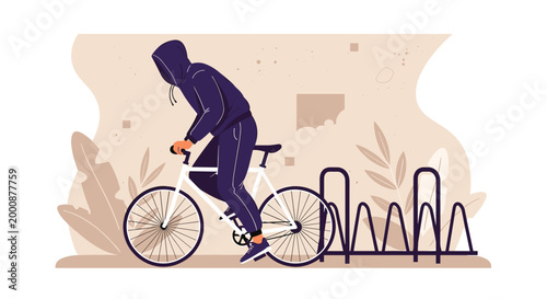 Person wearing dark hoodie rides white bicycle past empty metal bike racks on a decorative abstract background setting.