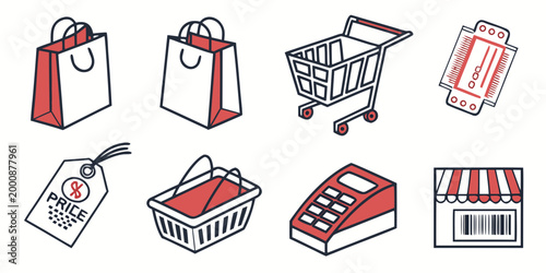 Shopping and retail commerce icons set including paper bags shopping cart basket credit card barcode scanner and retail merchandise items with shopping commerce consumer business purchase