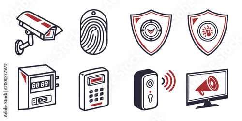 Security and surveillance icon set featuring cctv cameras biometric fingerprint scanner keypad door lock and data protection shields for business or residential safety systems security surveillance