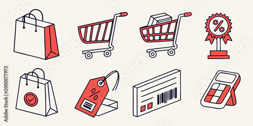 Retail commerce icon collection featuring paper bags price tags shopping cart product box with barcode and cash register for consumer shopping and marketing concepts commerce shopping register