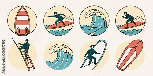 Circular water sports and surfing themed icon set with paddleboard lifestyle vacation recreation adventure surfboard exercise watercraft competition training relaxation tropical collection