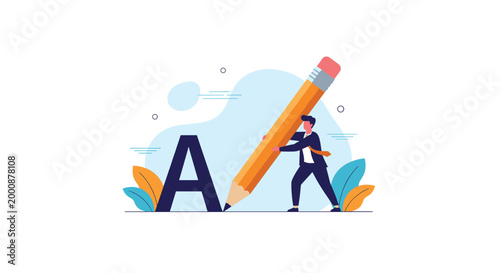 Creative businessman uses oversized wooden pencil to carefully write large capital letter A as part of content creation process.