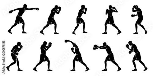 Man boxer silhouettes set showing combat moves with training silhouette movement exercise strength activity competition illustration collection isolated aggression
