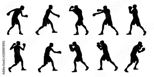 Professional boxer silhouettes in combat poses collection with training silhouette movement exercise strength activity competition illustration collection isolated aggression