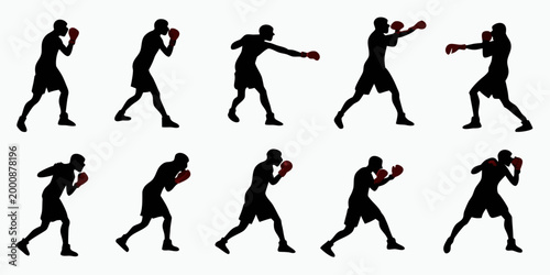 Boxing fighter silhouettes set in action poses with training silhouette movement exercise strength activity competition illustration collection isolated aggression
