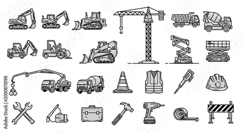 Collection of Construction Equipment and Tools Icons Set Vector Graphic Elements Symbols for Industry and Building Projects