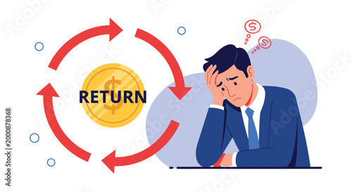 Sad businessman watches a circular return icon with a gold dollar coin indicating poor return on investment and financial cycle.