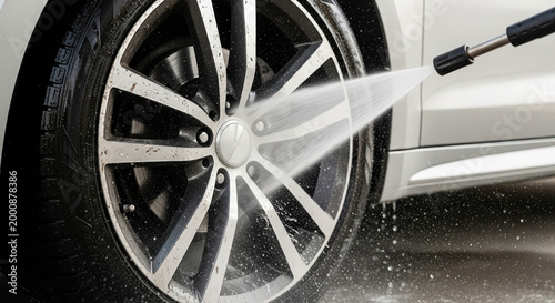 Close-up of a car wheel being cleaned with a high-pressure washer, concept of thorough vehicle maintenance and professional cleaning  