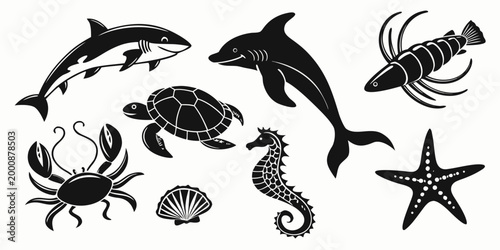 Marine animal silhouette collection featuring dolphins seahorses fish and crabs for graphic design ocean life sea creature seahorse wildlife silhouette collection illustration underwater