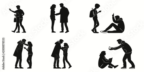 Collection of human couple silhouettes showing various social interactions and romantic moments with silhouettes interaction together lifestyle relationship conversation activities collection