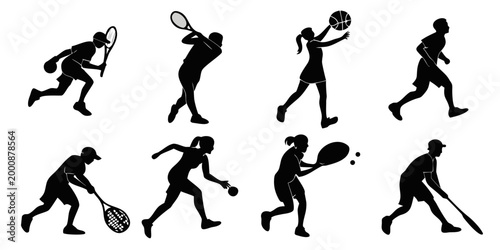 Sporting activity silhouettes featuring diverse athletes and equipment silhouette baseball basketball training exercise movement competition recreation equipment challenge performance