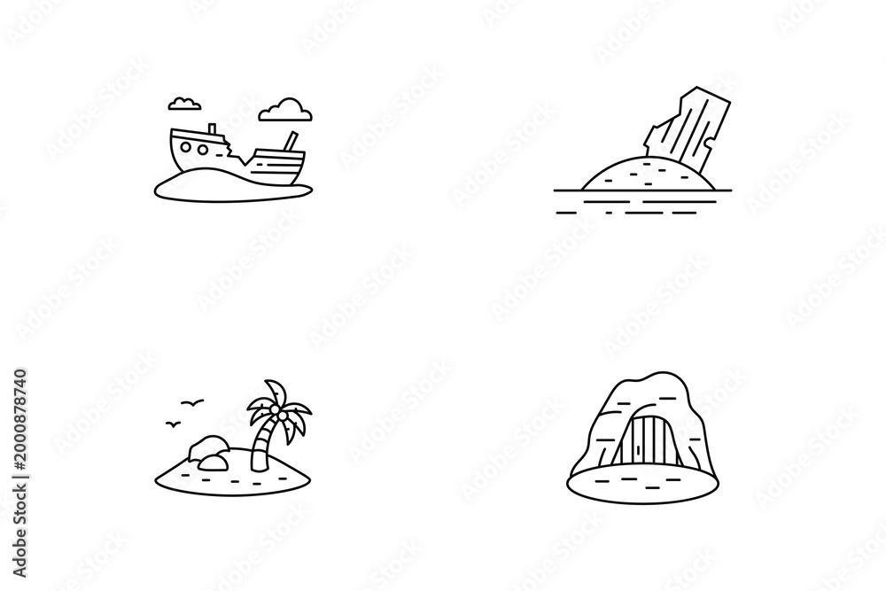 Ταπετσαρία Tropical island adventure and shipwreck thin line icon set featuring desert isla