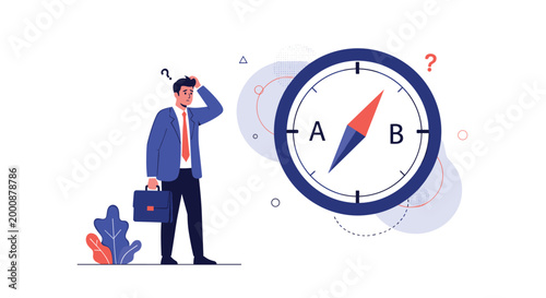 Confused businessman with briefcase scratches head while looking at giant compass showing choice between directions A and B.