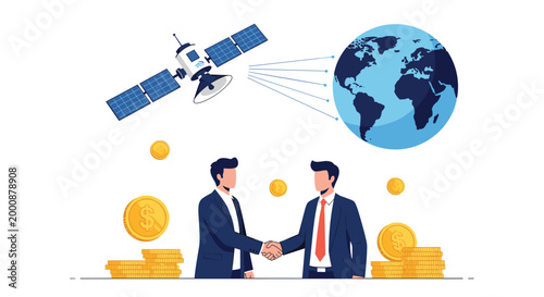 Two businessmen shake hands beneath a satellite orbiting the earth, highlighting global communication, international business deals, and finance.