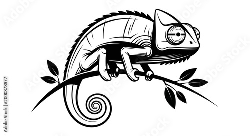 Detailed black and white vector illustration of a chameleon perched on a tree branch. Stylized monochrome reptile outline art.