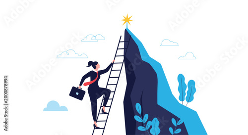 Ambitious businesswoman climbs a long ladder up a steep cliff towards a bright yellow star, depicting career goals and professional achievement.