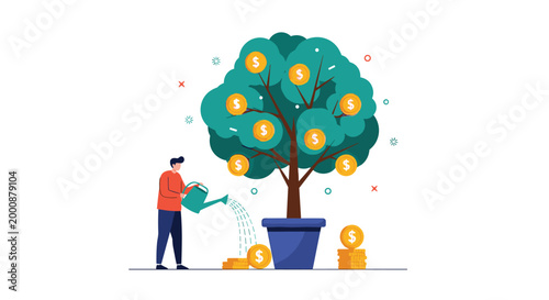 Dedicated gardener waters a large tree growing golden dollar coins from its branches, symbolizing long-term investment and financial growth strategies.