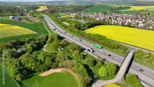 Idstein, Germany - April 23, 2026: Aerial view of dense traffic on German highway A3 between Bad Camberg and Idstein.