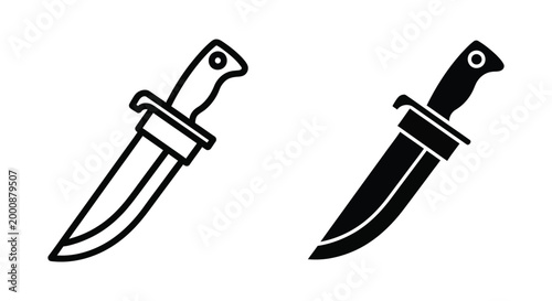 Set of hunting knife icons, outline and silhouette style, vector illustration of a sharp blade for camping or survival