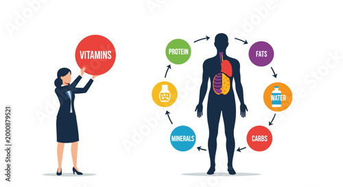 Health professional holds a red vitamins circle next to a human body infographic showing nutritional needs like protein, fats, and minerals.