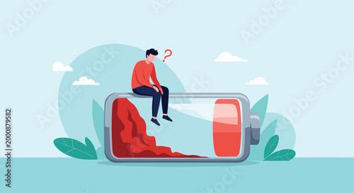 Fatigued man sits on top of a giant horizontal battery with a very low red charge level, symbolizing burnout and lack of energy or motivation.
