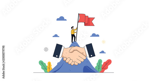 Two hands shake firmly over a mountain peak where a man has planted a red flag, symbolizing a successful partnership and reaching the top.