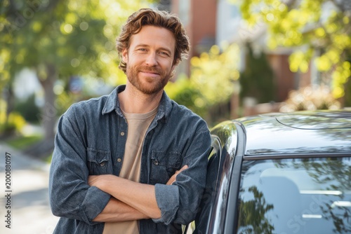 Smiling man leaning against his new car