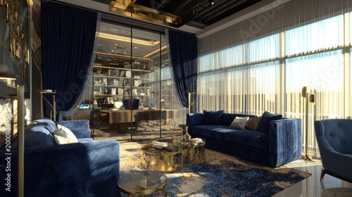 Luxurious interior space features deep blue velvet seating arrangements and bright natural light filtering through sheer coverings