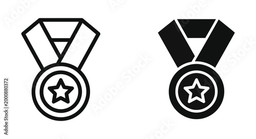 Set of two medal icons with star symbol, outline and solid style, vector illustration