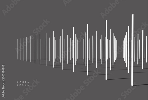 A multitude of ordered vertical lines in the spatial perspective. Shadows create depth and volume. Rhythmic movement. Abstract columns. Geometric architectural style. Minimalistic design. Copy space.